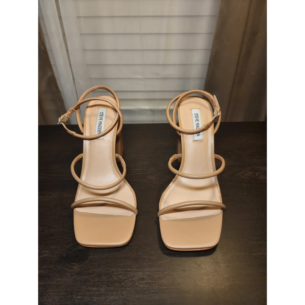 Steve Madden Women Strappy Block Heel Sandals Sz 9.5 M - Tan Beige